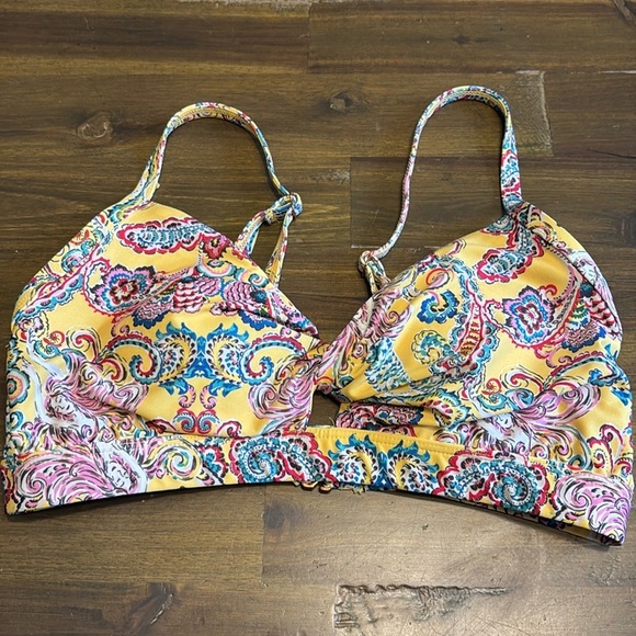 Anthropologie Bikini Top Triangle Yellow Paisley Colorful Print Twist Keyhole XS - Picture 2 of 5